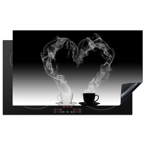 KitchenYeah© Herdabdeckplatte Einteilig Ceranfeld Abdeckplatte Küche Deko Ceranfeldabdeckung Herdabdeckung Induktionsmatte Kaffee - Herz - Schwarz-Weiß - Stilleben - 91.6x52.7 cm von KitchenYeah