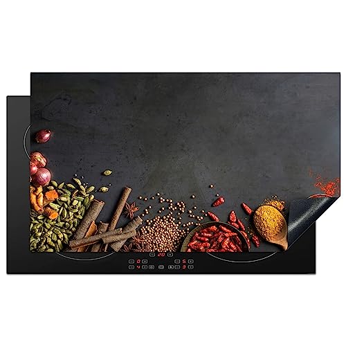 KitchenYeah© Herdabdeckplatte Einteilig Ceranfeld Abdeckplatte Küche Deko Ceranfeldabdeckung Herdabdeckung Induktionsmatte Kräuter - Beton - Lebensmittel - Gewürze - Schwarz - Paprika - 89x51 cm von KitchenYeah