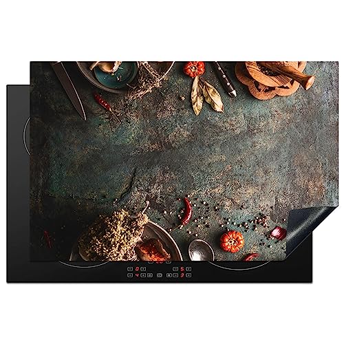 KitchenYeah© Herdabdeckplatte Einteilig Ceranfeld Abdeckplatte Küche Deko Ceranfeldabdeckung Herdabdeckung Induktionsmatte Marmor - Gemüse - Herbst - Kürbis - Rustikal - Gewürze - 80x52 cm von KitchenYeah