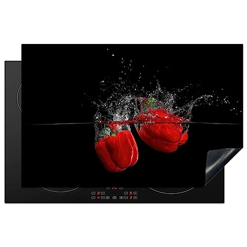 KitchenYeah© Herdabdeckplatte Einteilig Ceranfeld Abdeckplatte Küche Deko Ceranfeldabdeckung Herdabdeckung Induktionsmatte Paprika - Gemüse - Stilleben - Wasser - Rot - 80x52 cm von KitchenYeah