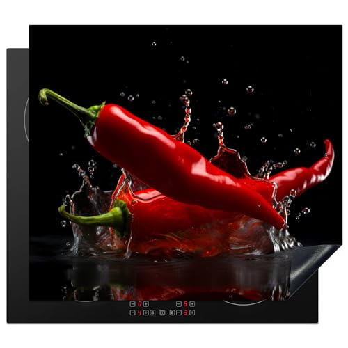 KitchenYeah© Herdabdeckplatte Einteilig Ceranfeld Abdeckplatte Küche Deko Ceranfeldabdeckung Herdabdeckung Induktionsmatte Paprika - Rot - Schwarz - Wasser - Gemüse - 59x51 cm von KitchenYeah