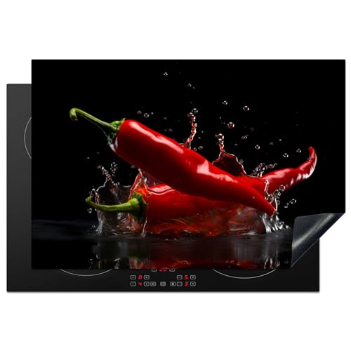 KitchenYeah© Herdabdeckplatte Einteilig Ceranfeld Abdeckplatte Küche Deko Ceranfeldabdeckung Herdabdeckung Induktionsmatte Paprika - Rot - Schwarz - Wasser - Gemüse - 78x52 cm von KitchenYeah