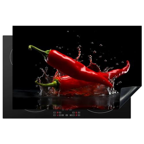 KitchenYeah© Herdabdeckplatte Einteilig Ceranfeld Abdeckplatte Küche Deko Ceranfeldabdeckung Herdabdeckung Induktionsmatte Paprika - Rot - Schwarz - Wasser - Gemüse - 80.2x52.2 cm von KitchenYeah