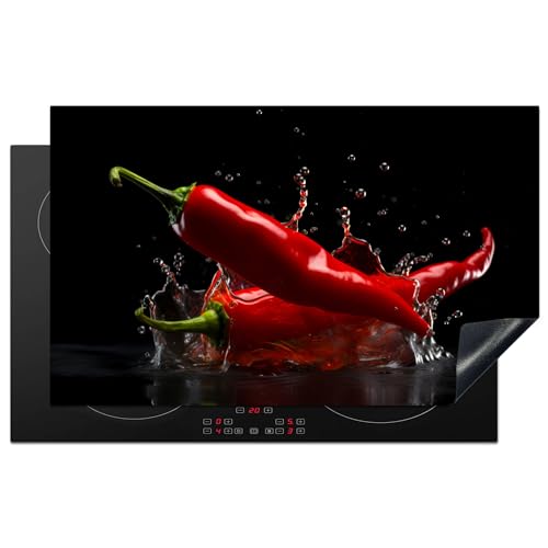 KitchenYeah© Herdabdeckplatte Einteilig Ceranfeld Abdeckplatte Küche Deko Ceranfeldabdeckung Herdabdeckung Induktionsmatte Paprika - Rot - Schwarz - Wasser - Gemüse - 85x52 cm von KitchenYeah