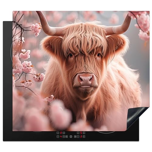 KitchenYeah© Herdabdeckplatte Einteilig Ceranfeld Abdeckplatte Küche Deko Ceranfeldabdeckung Herdabdeckung Induktionsmatte Schottisches Hochlandrind - Blüte - Rosa - Kuh - 60x52 cm von KitchenYeah