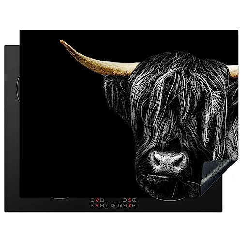 KitchenYeah© Herdabdeckplatte Einteilig Ceranfeld Abdeckplatte Küche Deko Ceranfeldabdeckung Herdabdeckung Induktionsmatte Schottisches Hochlandrind - Gold - Hörner - Fell - Tiere - Kuh - 77x59 cm von KitchenYeah