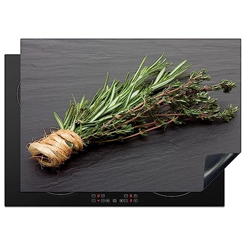 KitchenYeah© Herdabdeckplatte Einteilig Ceranfeld Abdeckplatte Küche Deko Ceranfeldabdeckung Herdabdeckung Induktionsmatte Thymian - Kräuter - Grün - Tisch - Stein - 75x52 cm von KitchenYeah