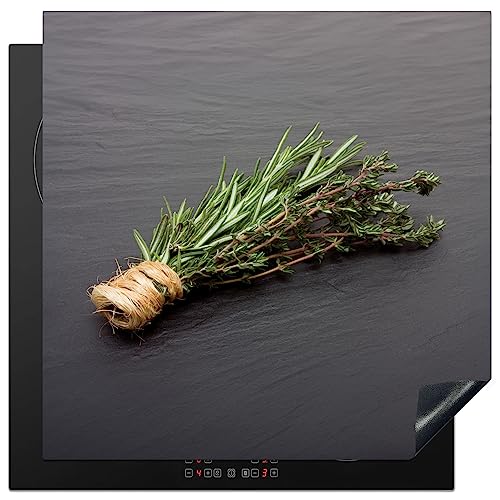KitchenYeah© Herdabdeckplatte Einteilig Ceranfeld Abdeckplatte Küche Deko Ceranfeldabdeckung Herdabdeckung Induktionsmatte Thymian - Kräuter - Grün - Tisch - Stein - 78x78 cm von KitchenYeah
