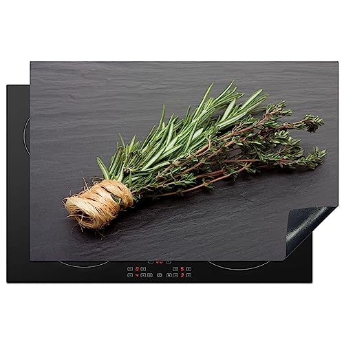 KitchenYeah© Herdabdeckplatte Einteilig Ceranfeld Abdeckplatte Küche Deko Ceranfeldabdeckung Herdabdeckung Induktionsmatte Thymian - Kräuter - Grün - Tisch - Stein - 80x52 cm von KitchenYeah