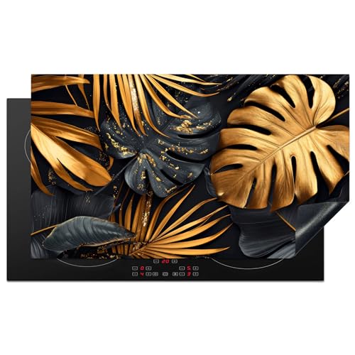 KitchenYeah© Herdabdeckplatte Einteilig Ceranfeld Abdeckplatte für Induktionsschutz Ceranfeldabdeckung Vinyl Herdabdeckplatten Blätter - Gold - Schwarz - 91.6x52.7 cm von KitchenYeah