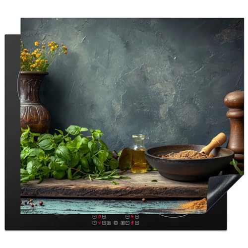 KitchenYeah© Herdabdeckplatte Einteilig Ceranfeld Abdeckplatte für Induktionsschutz Ceranfeldabdeckung Vinyl Herdabdeckplatten Küche - Blätter - Regal - Beton - 59x52 cm von KitchenYeah