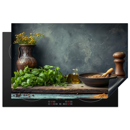 KitchenYeah© Herdabdeckplatte Einteilig Ceranfeld Abdeckplatte für Induktionsschutz Ceranfeldabdeckung Vinyl Herdabdeckplatten Küche - Blätter - Regal - Beton - 81.6x52.7 cm von KitchenYeah