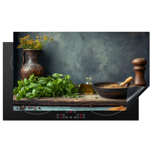KitchenYeah© Herdabdeckplatte Einteilig Ceranfeld Abdeckplatte für Induktionsschutz Ceranfeldabdeckung Vinyl Herdabdeckplatten Küche - Blätter - Regal - Beton - 90x52 cm von KitchenYeah
