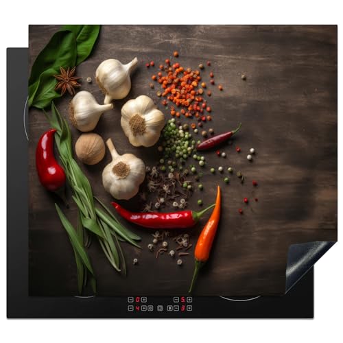 KitchenYeah© Herdabdeckplatte Einteilig Ceranfeld Abdeckplatte für Induktionsschutz Ceranfeldabdeckung Vinyl Herdabdeckplatten Pfeffer - Gewürze - Knoblauch - Holzdruck - Kräuter - 59x51 cm von KitchenYeah