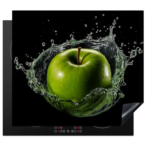 KitchenYeah© Herdabdeckplatte Einteilig Herdabdeckung Abdeckplatte für Ceranfeld Abdeckung Induktionskochfeld Aufrollbare Matte Apfel - Grün - Obst - Wasser - Schwarz - 59x51 cm von KitchenYeah