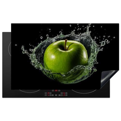 KitchenYeah© Herdabdeckplatte Einteilig Herdabdeckung Abdeckplatte für Ceranfeld Abdeckung Induktionskochfeld Aufrollbare Matte Apfel - Grün - Obst - Wasser - Schwarz - 85x52 cm von KitchenYeah