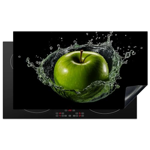 KitchenYeah© Herdabdeckplatte Einteilig Herdabdeckung Abdeckplatte für Ceranfeld Abdeckung Induktionskochfeld Aufrollbare Matte Apfel - Grün - Obst - Wasser - Schwarz - 90x52 cm von KitchenYeah