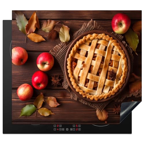 KitchenYeah© Herdabdeckplatte Einteilig Herdabdeckung Abdeckplatte für Ceranfeld Abdeckung Induktionskochfeld Aufrollbare Matte Apfelkuchen - Blätter - Herbst - Äpfel - Holzdruck - 59x51 cm von KitchenYeah