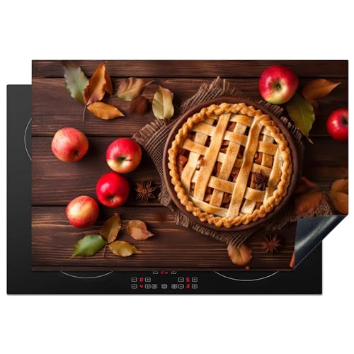 KitchenYeah© Herdabdeckplatte Einteilig Herdabdeckung Abdeckplatte für Ceranfeld Abdeckung Induktionskochfeld Aufrollbare Matte Apfelkuchen - Blätter - Herbst - Äpfel - Holzdruck - 78x52 cm von KitchenYeah