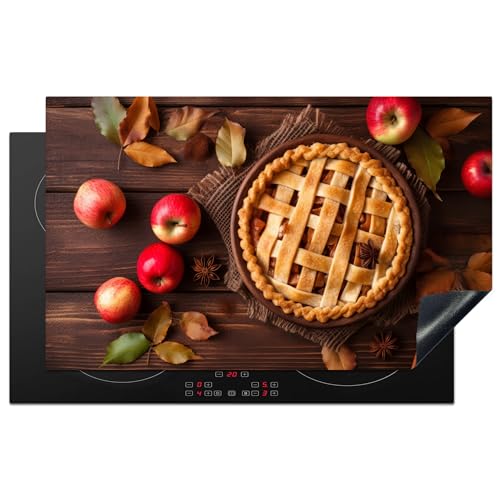 KitchenYeah© Herdabdeckplatte Einteilig Herdabdeckung Abdeckplatte für Ceranfeld Abdeckung Induktionskochfeld Aufrollbare Matte Apfelkuchen - Blätter - Herbst - Äpfel - Holzdruck - 85x52 cm von KitchenYeah