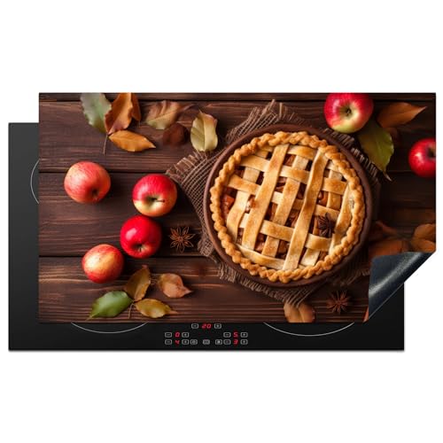 KitchenYeah© Herdabdeckplatte Einteilig Herdabdeckung Abdeckplatte für Ceranfeld Abdeckung Induktionskochfeld Aufrollbare Matte Apfelkuchen - Blätter - Herbst - Äpfel - Holzdruck - 90x52 cm von KitchenYeah