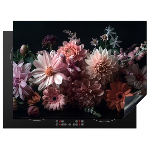 KitchenYeah© Herdabdeckplatte Einteilig Herdabdeckung Abdeckplatte für Ceranfeld Abdeckung Induktionskochfeld Aufrollbare Matte Blumen - Natur - Rosa - Schwarz - Dahlie - 70x52 cm von KitchenYeah