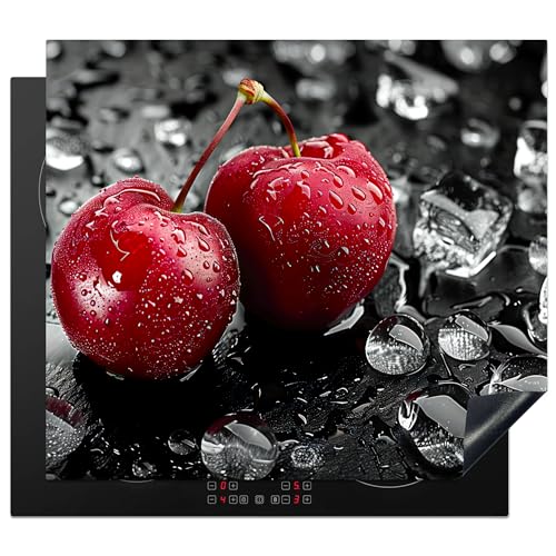 KitchenYeah© Herdabdeckplatte 58x51 cm Einteilig Herdabdeckung Abdeckplatte für Ceranfeld Abdeckung Induktionskochfeld Aufrollbare Matte Kirschen - Rot - Obst - Schwarz von KitchenYeah
