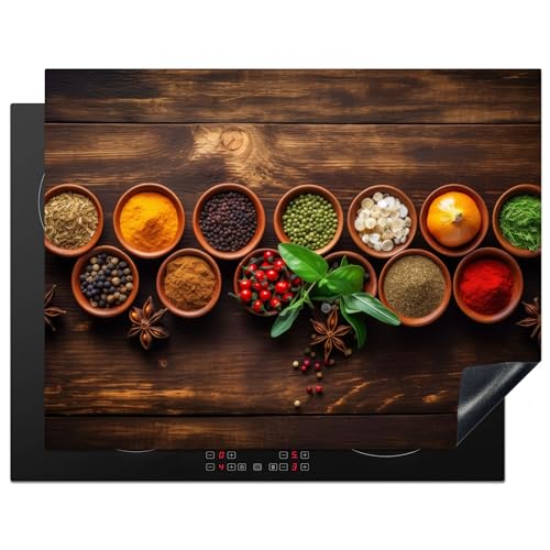 KitchenYeah© Herdabdeckplatte Einteilig Herdabdeckung Abdeckplatte für Ceranfeld Abdeckung Induktionskochfeld Aufrollbare Matte Kräuter - Gewürze - Minze - Holzdruck - 77x59 cm von KitchenYeah
