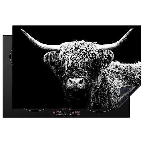 KitchenYeah© Herdabdeckplatte Einteilig Herdabdeckung Abdeckplatte für Ceranfeld Abdeckung Induktionskochfeld Aufrollbare Matte Schottisches Hochlandrind - Kuh - Schwarz und Weiß - 80.2x52.2 cm von KitchenYeah