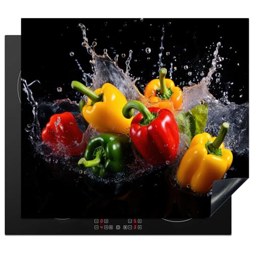 KitchenYeah© Herdabdeckplatte Einteilig Herdabdeckung Abdeckplatte für Ceranfeld Abdeckung Induktionskochfeld Aufrollbare Matte Süßer Pfeffer - Schwarz - Wasser - Gemüse - Rot - Gelb - 57x51 cm von KitchenYeah