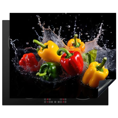 KitchenYeah© Herdabdeckplatte Einteilig Herdabdeckung Abdeckplatte für Ceranfeld Abdeckung Induktionskochfeld Aufrollbare Matte Süßer Pfeffer - Schwarz - Wasser - Gemüse - Rot - Gelb - 65x52 cm von KitchenYeah