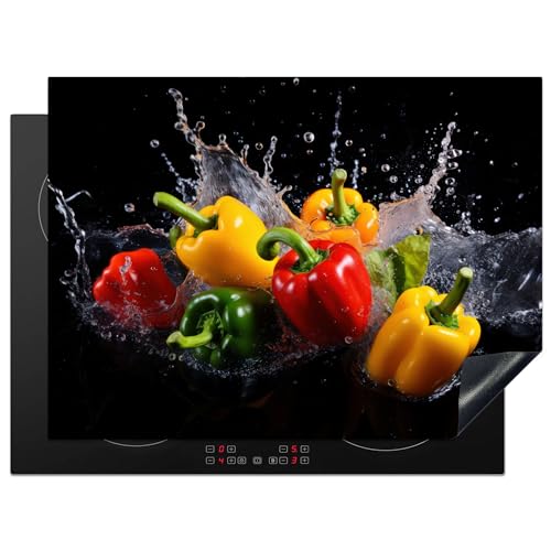 KitchenYeah© Herdabdeckplatte Einteilig Herdabdeckung Abdeckplatte für Ceranfeld Abdeckung Induktionskochfeld Aufrollbare Matte Süßer Pfeffer - Schwarz - Wasser - Gemüse - Rot - Gelb - 70x52 cm von KitchenYeah