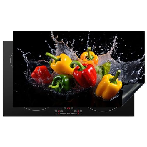 KitchenYeah© Herdabdeckplatte Einteilig Herdabdeckung Abdeckplatte für Ceranfeld Abdeckung Induktionskochfeld Aufrollbare Matte Süßer Pfeffer - Schwarz - Wasser - Gemüse - Rot - Gelb - 90x52 cm von KitchenYeah