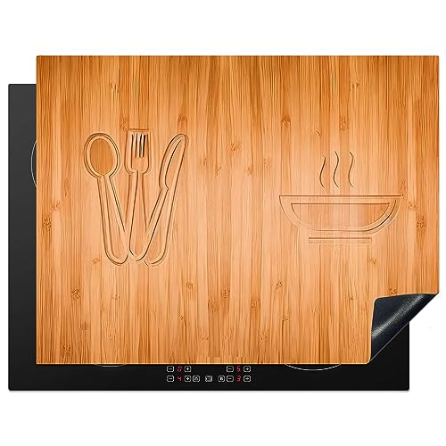 KitchenYeah© Herdabdeckplatte Einteilig Induktionsmatte Küche Abdeckung Ceranfeld Herd Abdeckplatte Deko Vinyl Matte Aufrollbar Holz Druck - Besteck - Suppe - 77x59 cm von KitchenYeah
