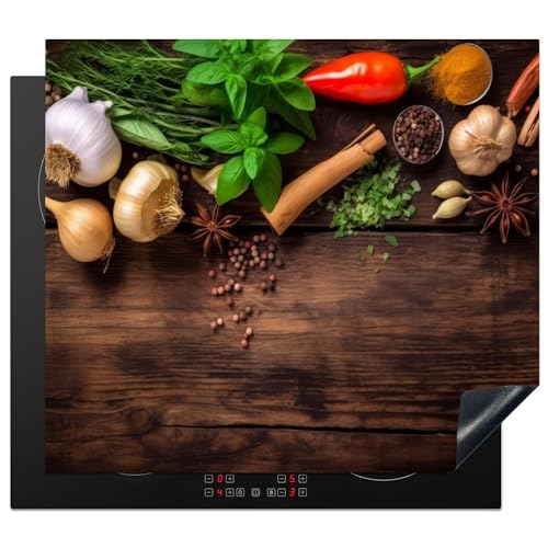 KitchenYeah© Herdabdeckplatte Einteilig Induktionsmatte Küche Abdeckung Ceranfeld Herd Abdeckplatte Deko Vinyl Matte Aufrollbar Knoblauch - Gemüse - Gewürze - Holzdruck - Stilleben - 58x51 cm von KitchenYeah