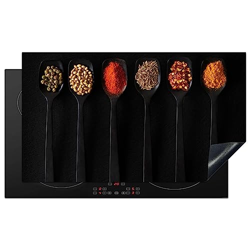 KitchenYeah© Herdabdeckplatte Einteilig Induktionsmatte Küche Abdeckung Ceranfeld Herd Abdeckplatte Deko Vinyl Matte Aufrollbar Löffel - Gewürze - Schwarz - Kräuter - Rustikal - 91.2x52 cm von KitchenYeah