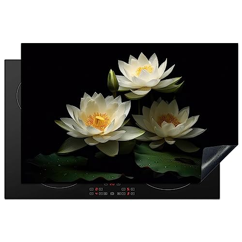 KitchenYeah© Herdabdeckplatte Einteilig Induktionsmatte Küche Abdeckung Ceranfeld Herd Abdeckplatte Deko Vinyl Matte Aufrollbar Lotus - Blumen - Weiß - Natur - Schwarz - Design - 80x52 cm von KitchenYeah