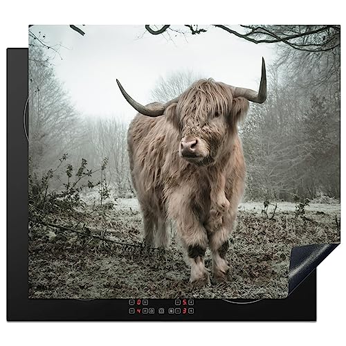 KitchenYeah© Herdabdeckplatte Einteilig Induktionsmatte Küche Abdeckung Ceranfeld Herd Abdeckplatte Deko Vinyl Matte Aufrollbar Schottisches Hochlandrind - Kuh - Herbst - Tiere - Fell - 59x52 cm von KitchenYeah