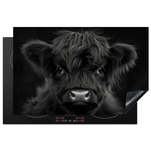 KitchenYeah© Herdabdeckplatte 80x52 cm Einteilig Induktionsmatte Küche Abdeckung Ceranfeld Herd Abdeckplatte Deko Vinyl Matte Aufrollbar Schottisches Hochlandrind - Schwarz - Kalb - Kuh von KitchenYeah