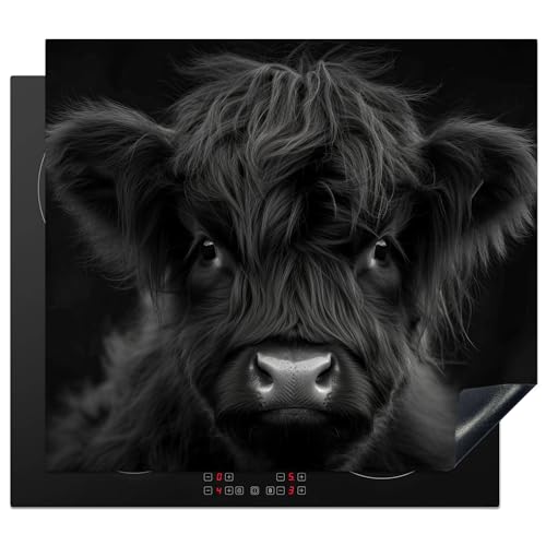 KitchenYeah© Herdabdeckplatte 58x51 cm Einteilig Induktionsmatte Küche Abdeckung Ceranfeld Herd Abdeckplatte Deko Vinyl Matte Aufrollbar Schottisches Hochlandrind - Schwarz - Kalb - Kuh von KitchenYeah
