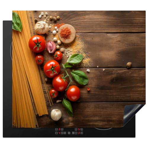 KitchenYeah© Herdabdeckplatte Einteilig Induktionsmatte Küche Abdeckung Ceranfeld Herd Abdeckplatte Deko Vinyl Matte Aufrollbar Spaghetti - Tomaten - Gewürze - Holzdruck - Nudeln - 59x51 cm von KitchenYeah