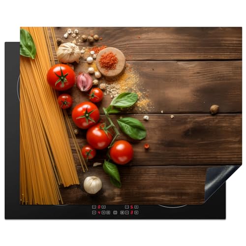 KitchenYeah© Herdabdeckplatte Einteilig Induktionsmatte Küche Abdeckung Ceranfeld Herd Abdeckplatte Deko Vinyl Matte Aufrollbar Spaghetti - Tomaten - Gewürze - Holzdruck - Nudeln - 65x52 cm von KitchenYeah