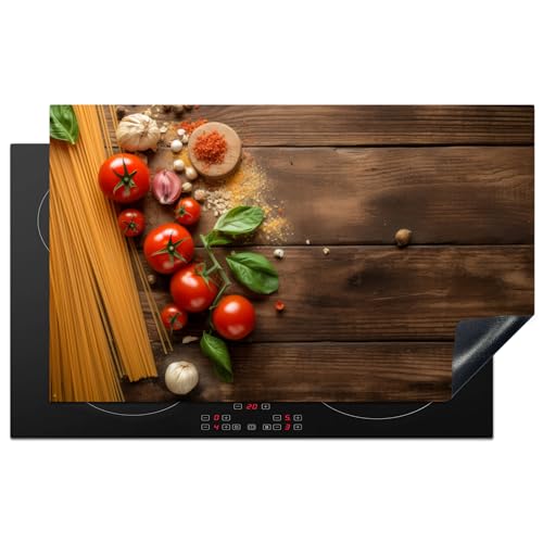 KitchenYeah© Herdabdeckplatte Einteilig Induktionsmatte Küche Abdeckung Ceranfeld Herd Abdeckplatte Deko Vinyl Matte Aufrollbar Spaghetti - Tomaten - Gewürze - Holzdruck - Nudeln - 83x51 cm von KitchenYeah