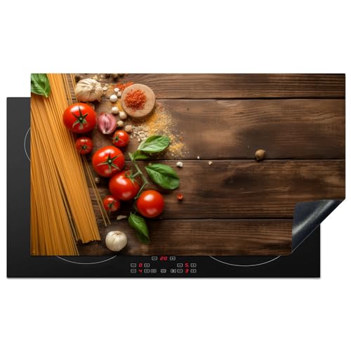 KitchenYeah© Herdabdeckplatte Einteilig Induktionsmatte Küche Abdeckung Ceranfeld Herd Abdeckplatte Deko Vinyl Matte Aufrollbar Spaghetti - Tomaten - Gewürze - Holzdruck - Nudeln - 90x52 cm von KitchenYeah