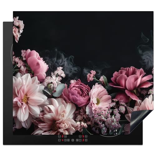 KitchenYeah© Herdabdeckplatte Einteilig Induktionsmatte Küche Abdeckung Induktionsschutzmatte Deko Vinyl Matte Aufrollbar Blumen - Rosa - Natur - Schwarz - 58x51 cm von KitchenYeah