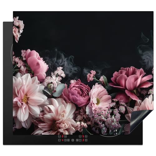 KitchenYeah© Herdabdeckplatte Einteilig Ceranfeld Abdeckplatte Küche Deko Ceranfeldabdeckung Herdabdeckung Induktionsmatte Blumen - Rosa - Natur - Schwarz - 59x52 cm von KitchenYeah