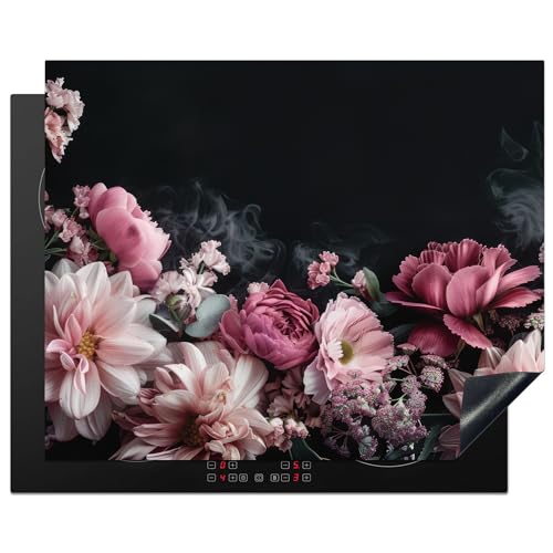 KitchenYeah© Herdabdeckplatte Einteilig Induktionsmatte Küche Abdeckung Induktionsschutzmatte Deko Vinyl Matte Aufrollbar Blumen - Rosa - Natur - Schwarz - 65x52 cm von KitchenYeah