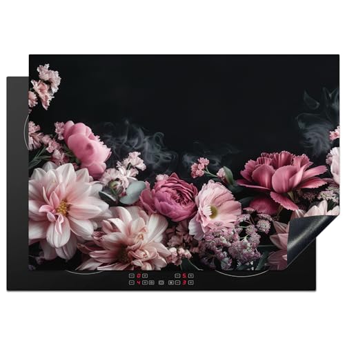 KitchenYeah© Herdabdeckplatte Einteilig Ceranfeld Abdeckplatte Küche Deko Ceranfeldabdeckung Herdabdeckung Induktionsmatte Blumen - Rosa - Natur - Schwarz - 75x52 cm von KitchenYeah