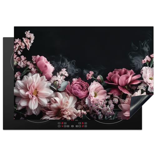 KitchenYeah© Herdabdeckplatte Einteilig Induktionsmatte Küche Abdeckung Induktionsschutzmatte Deko Vinyl Matte Aufrollbar Blumen - Rosa - Natur - Schwarz - 77x51 cm von KitchenYeah