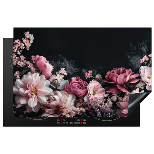 KitchenYeah© Herdabdeckplatte Einteilig Induktionsmatte Küche Abdeckung Induktionsschutzmatte Deko Vinyl Matte Aufrollbar Blumen - Rosa - Natur - Schwarz - 80.2x52.2 cm von KitchenYeah